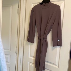 Brownish gray Zara dress with silver buttons on the sleeve and a belt to wrap.
